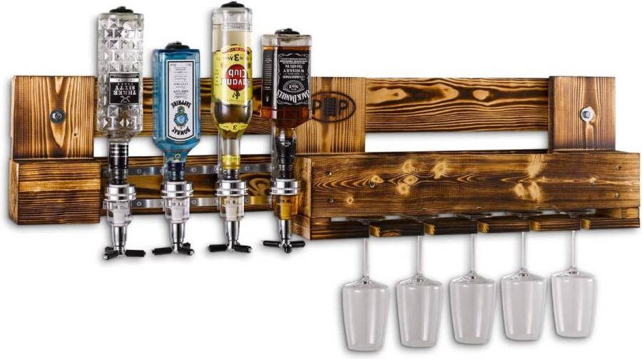 Wijnbar borrelbar met flessenhouder wijnrek palletmeubel wandrek als huisbar om op te hangen met doseerder wijnglashouder en drankdispenser handgemaakt in Duitsland 118 cm breed