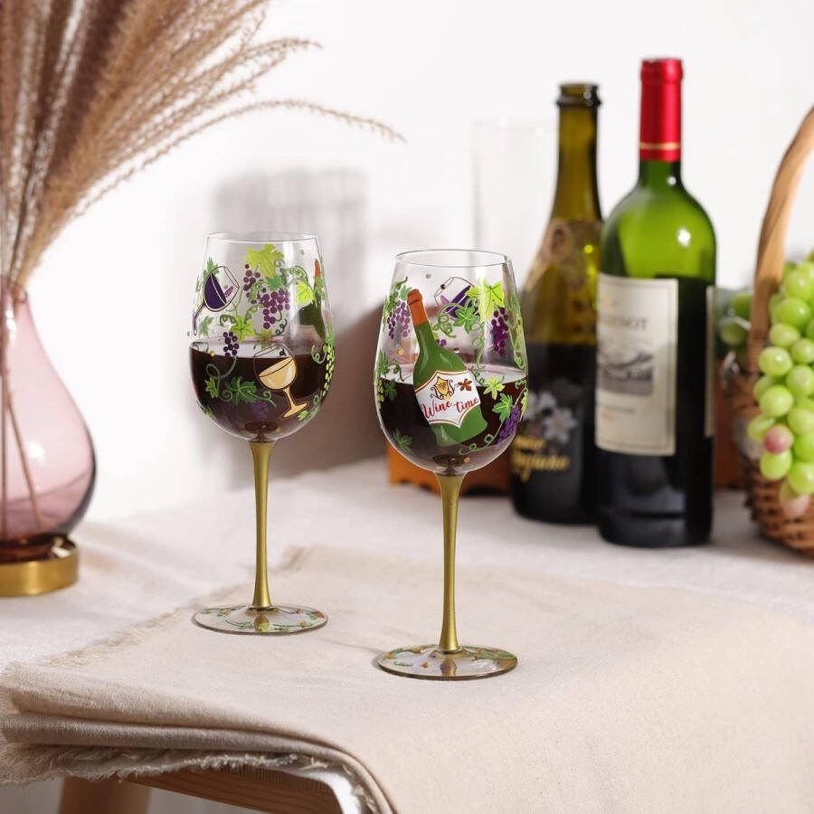 Wijnglas 15 oz handbeschilderd groene wijnstokken lila druiven cocktailglazen wijngeschenk rode wijnglas gepersonaliseerd