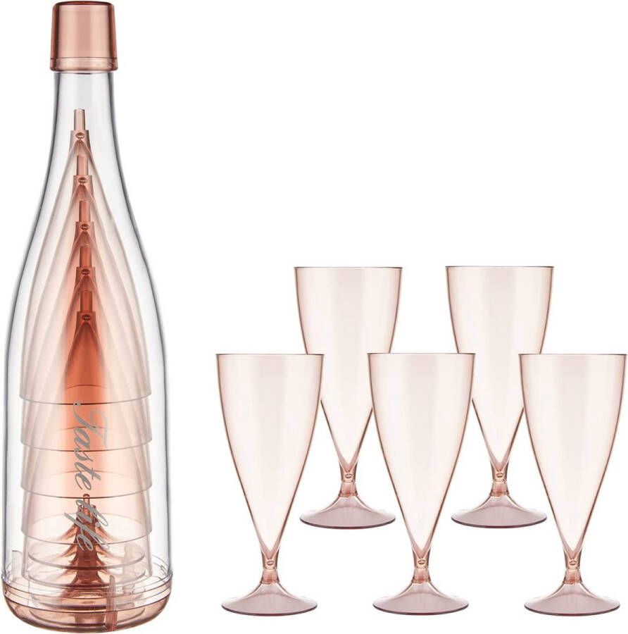 Wijnglazen kunststof to go set van 5 draagbare wijnglazen camping champagneglazen plastic herbruikbare wijnglazen zonder steel met opbergfles en lekbak stapelbaar en afneembaar voor elke gelegenheid roze
