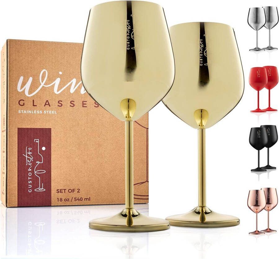 Wijnglazen met steel van roestvrij staal onbreekbare kelk met 540 ml inhoud voor zwembadfeestjes in de open lucht jubilea elegant drinkservies in goud voor champagne en cocktails (verpakking van