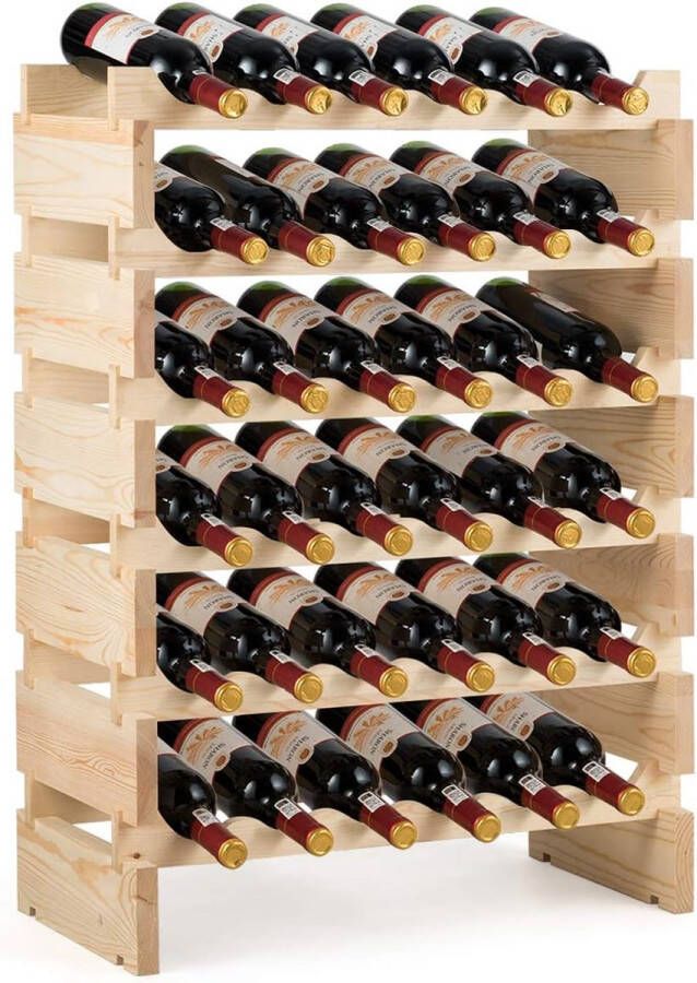 Wijnrek 36 Flessen rek met grote capaciteit houten wijn opslag standaard wijn houder en display plank 6-laags stapelbare wijn kast vrij staande flessen kast voor dranken organiseren