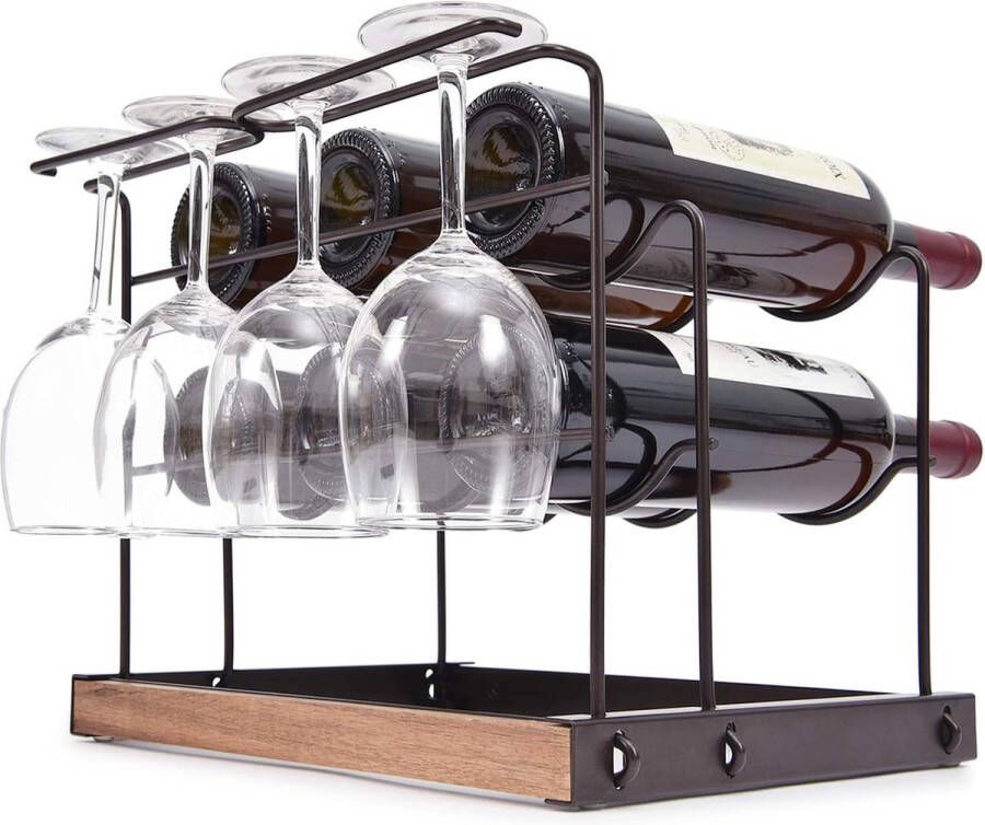 Wijnrek 6 flessen aanrecht wijnflessen houder rekken metalen koperen wijnglashouder wijnopslag organizer vrijstaand 2 tier wijndisplay planken met 4 wijnglas droogrek