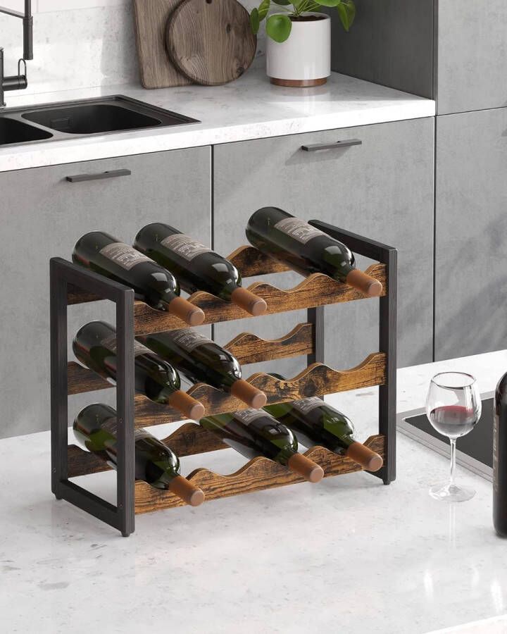 Wijnrek Flessenrek met 3 planken voor maximaal 12 flessen Staand Bamboe flessenhouder voor keuken bar eetkamer woonkamer in vintage bruin-zwart