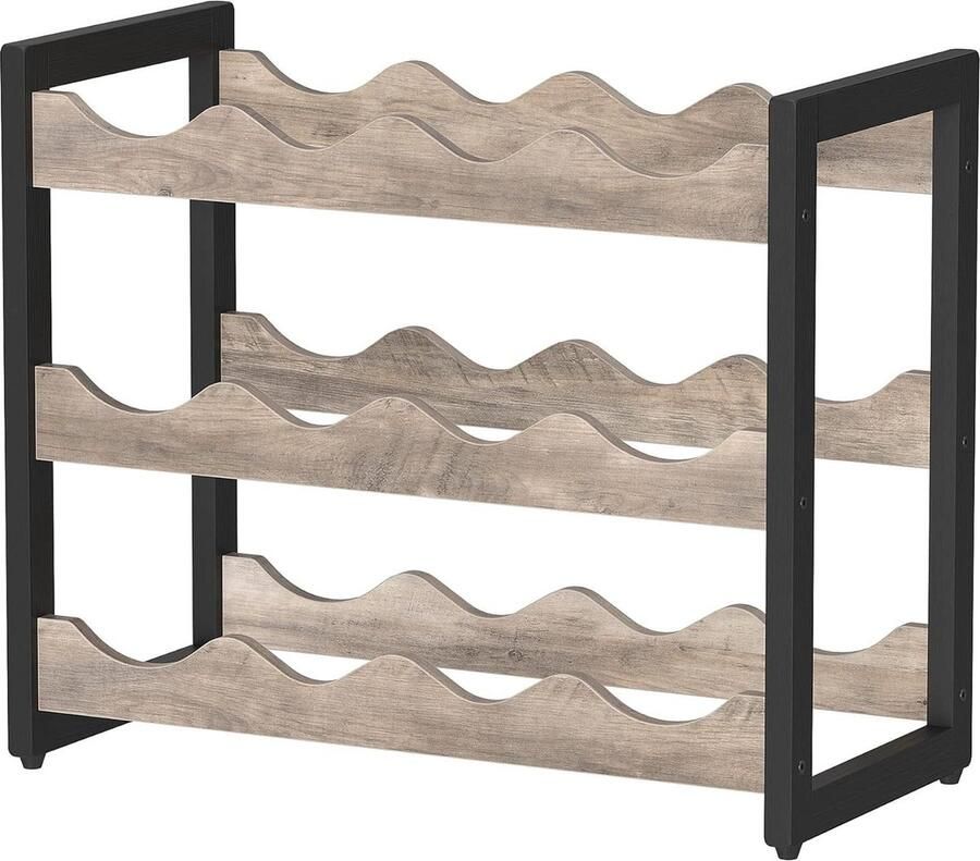 Wijnrek met 3 planken voor maximaal 12 flessen Bamboe flessenhouder voor keuken bar Grijs-zwart