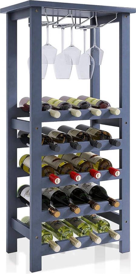 Wijnrek met glazen houder en tafelblad 20 flessen opslag vloer vrijstaande bamboe displayplanken voor thuis keuken bijkeuken kelder bar (grijs)