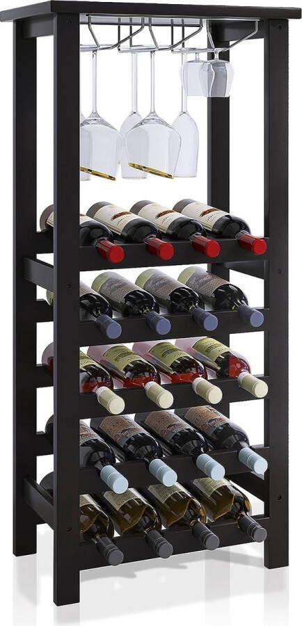 Wijnrek met glazen houder en tafelblad 20 flessen opslag vloer vrijstaande bamboe displayplanken voor thuis keuken bijkeuken kelder bar (grijs)