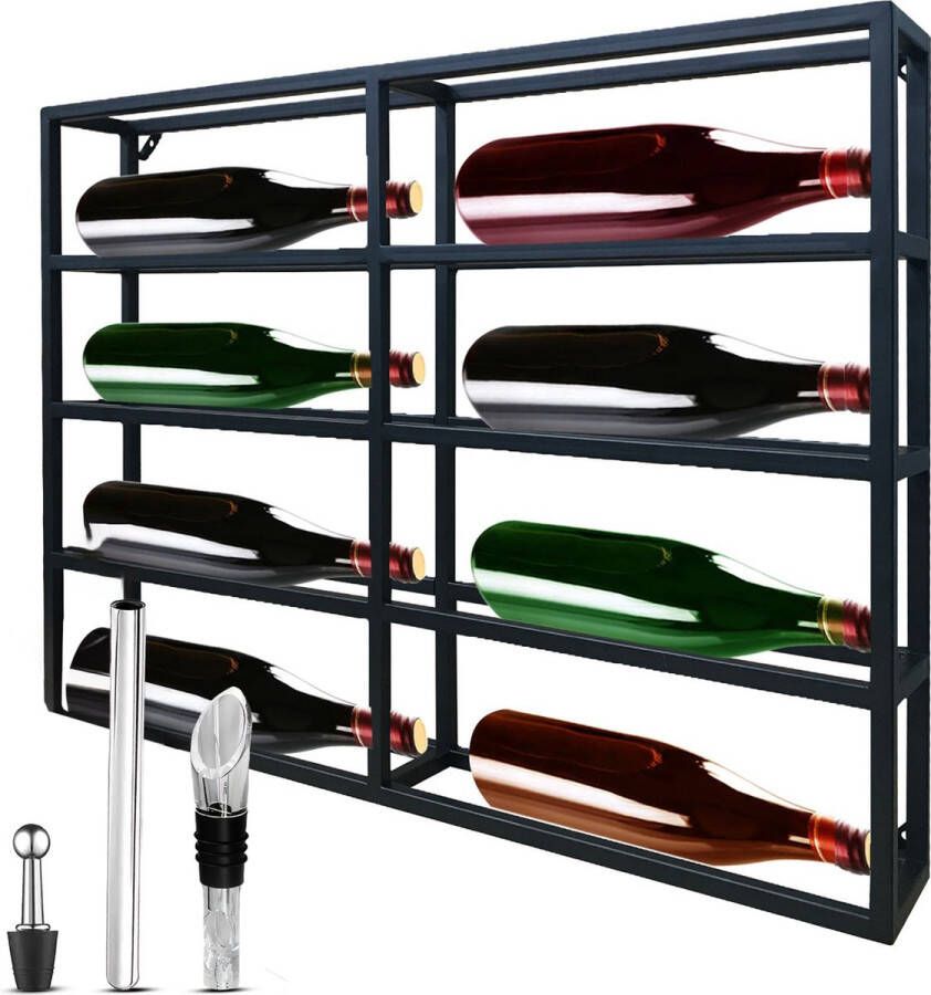 Wijnrek Muur Hangend voor 8 Flessen Inclusief Decanteerder en wijnkoelstaaf Horizontaal Metaal Wijnrek Zwart Flessenrek Wandmontage
