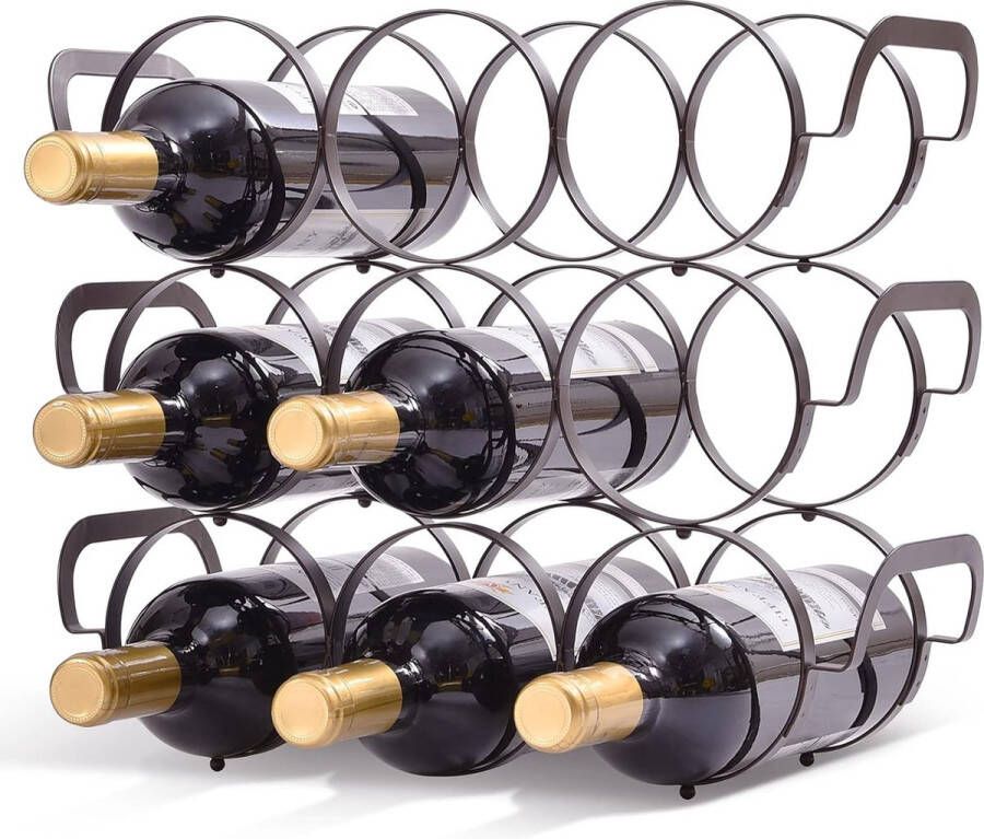 Wijnrek stapelbaar tafelrek metalen wijnkast flessenrek met 3 niveaus metalen wijnrek voor 9 flessen voor bar keuken 35 5 x 14 x 30 cm brons