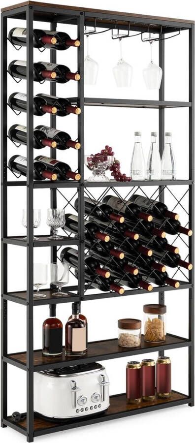 Wijnrek voor 27 flessen flessenrek met glashouders industriële barkast multifunctioneel rek van metaal 81 x 23 x 166 cm zwart