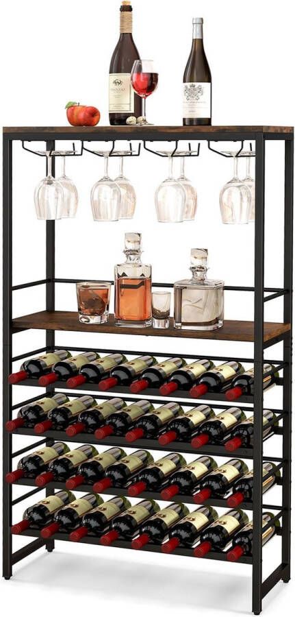 Wijnrek voor 32 wijnflessen en 16 glazen flessenrek vrijstaand barkast industrieel metalen frame ideaal voor keuken bar en eetkamer 80 x 30 x 140 cm