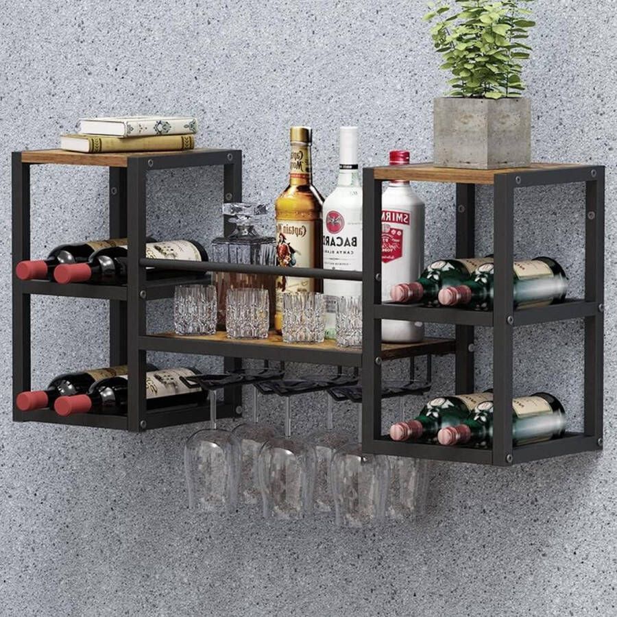 Wijnrek voor aan de muur met 3 stoomglazenhouders multifunctioneel wijndisplay voor thuisbar en keuken met gedeeltelijk houten plank en zwarte metalen flessenhouder