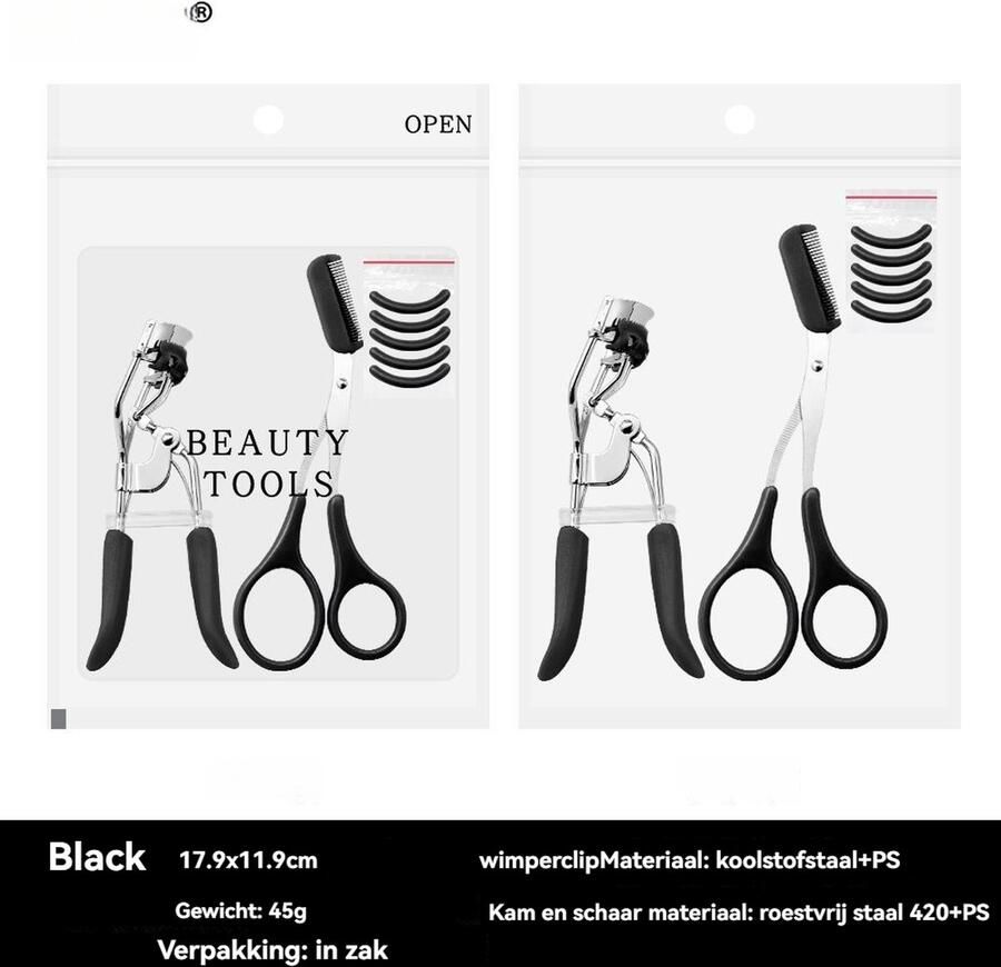 Wimperkruller set-Eyelash Curler + 5x Gratis Extra Siliconen Pad-Wenkbrauwschaar&Incl. kammetje -zwart