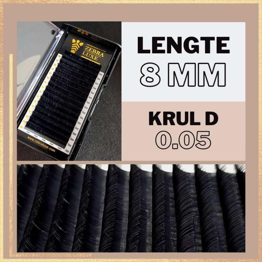 Wimpers Zebra Luxe – D Krul – Dikte 0.05 – Lengte 8 mm – 16 rijen in een tray nepwimpers Volume wimperextensions Russian volume D crul