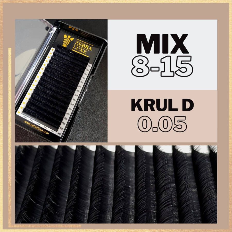 Wimpers Zebra Luxe – D Krul – Dikte 0.05 – Lengte mixed 8 9 10 11 12 13 14 15 – 16 rijen in een tray nepwimpers Volume wimperextensions Russian volume D crul