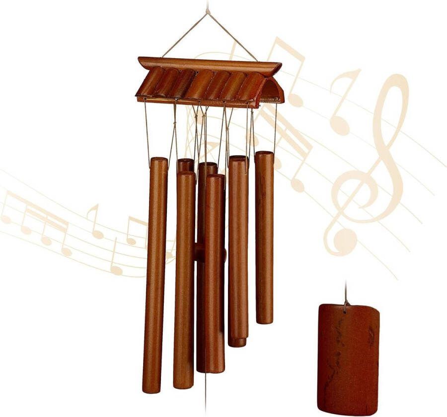 Windgong tempel design hangende decoratie binnen buiten HxB: 62x15 cm bamboe windvanger bruin