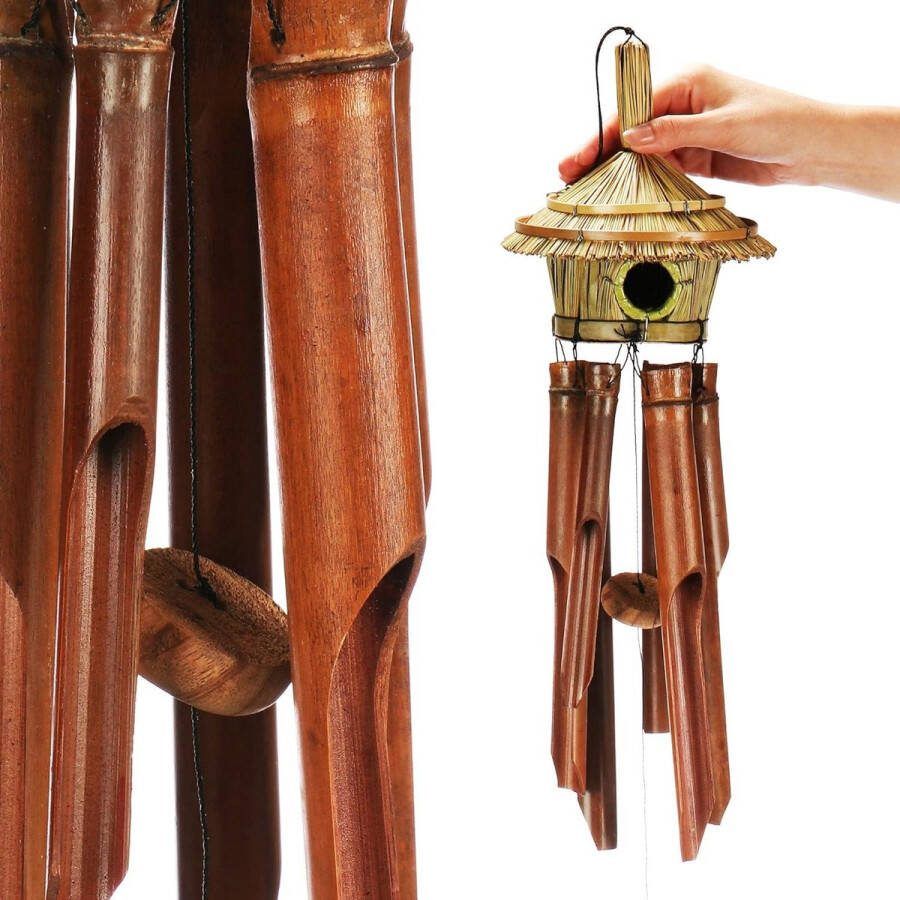 Windgong van bamboe met vogelhuisje klokkenspel voor buiten beiaard om op te hangen bamboe windgong met vogelhuisje voor balkon en tuin klokkenspel van bamboehout met vogelhuisje