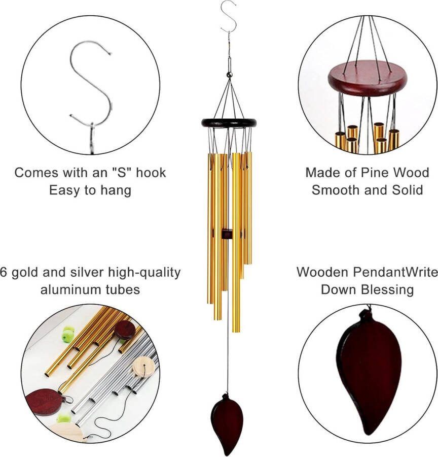 Windgong voor buiten: 2 stuks hangend 6 buizen windgong klankspel met 2 stuks bel outdoor windgong chimes metalen klokkenspel voor buiten woondecoratie geschenken windgong tuin