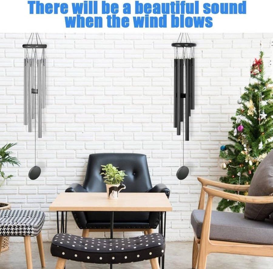 Windgong voor buiten 2 stuks windchimes metaal met 2 stuks bel 6 aluminium buizen van legering en klankspel windspel tuin voor buiten woondecoratie (zilverzwart)