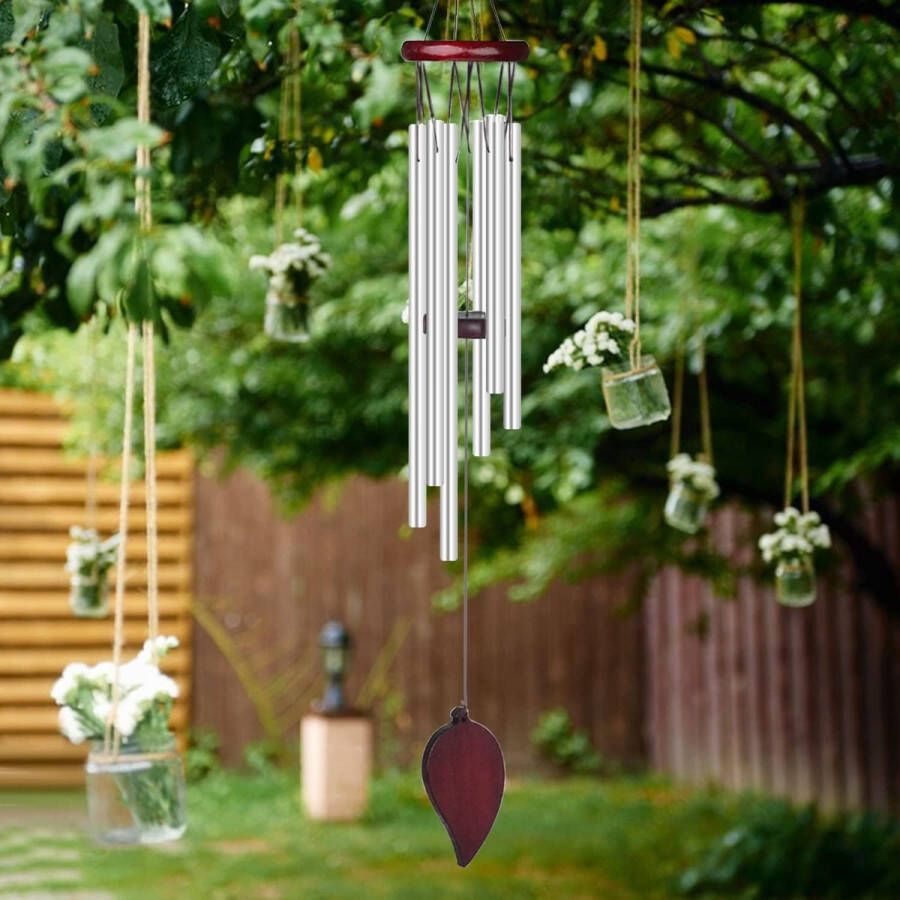 Windgong voor tuin windgong buiten gedenkteken windchim met 6 aluminium buizen Grden Ornamenten Windgong voor Thuis Patio Tuin Indoor Outdoor Opknoping Decor (6 Zilver)