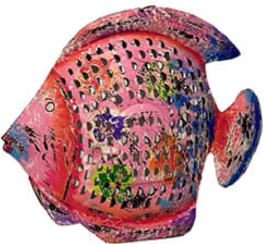 Windlicht gerecyled metaal ijzeren vis roze kleurrijk by Mooss 54 x 46 cm