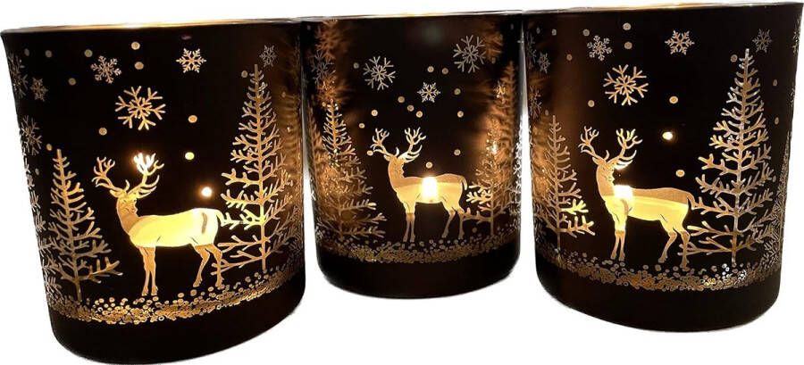 Windlicht Kerstmis winter van glas in set zwart wit goud zilver (zwart goud set van 3)