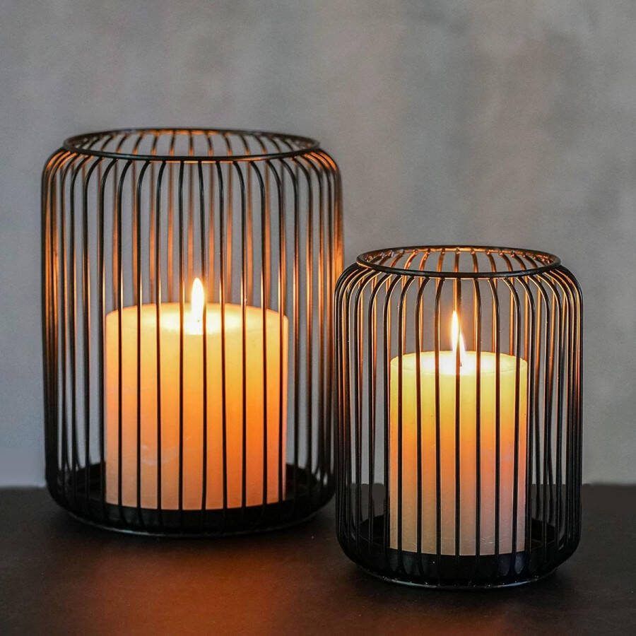 Windlicht set van 2 kandelaars metaal zwart kandelaar groot ovaal zwarte decoratie deco windlichten van draad (zwart)