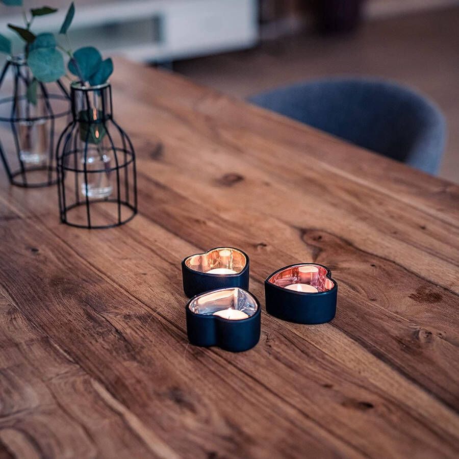 Windlicht set van 3 zwarte theelichthouders van glas met goud koper en zilveren coating aan de binnenkant theelichtglazen kerstdecoratie moderne tafeldecoratie woning industriële look (hart)