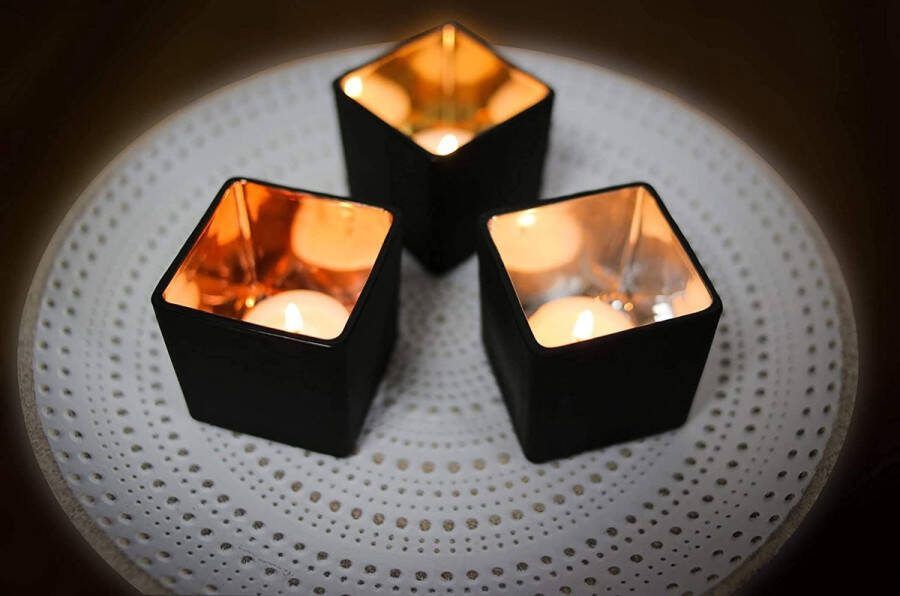 Windlicht set van 3 zwarte theelichthouders van glas met goud koper zilveren coating aan de binnenkant theelichtglazen kerstdecoratie moderne tafeldecoratie woning industriële look (vierkant)