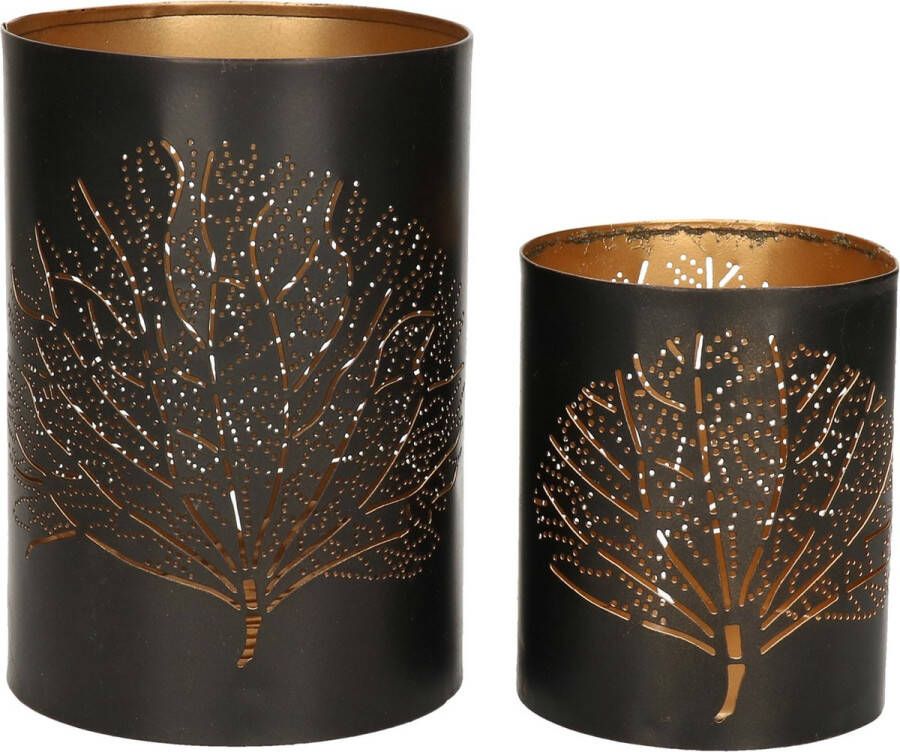 Windlichten set Bamboe 2x zwart goud metaal 10 15 cm kaarsenhouder theelichthouder waxinelichthouder