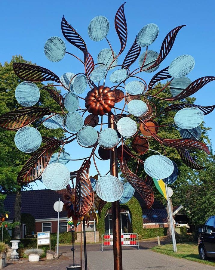 WINDMOLEN BLAUW BRUIN TUINSTEKER TUINBEELD METAAL WINDSPINNER