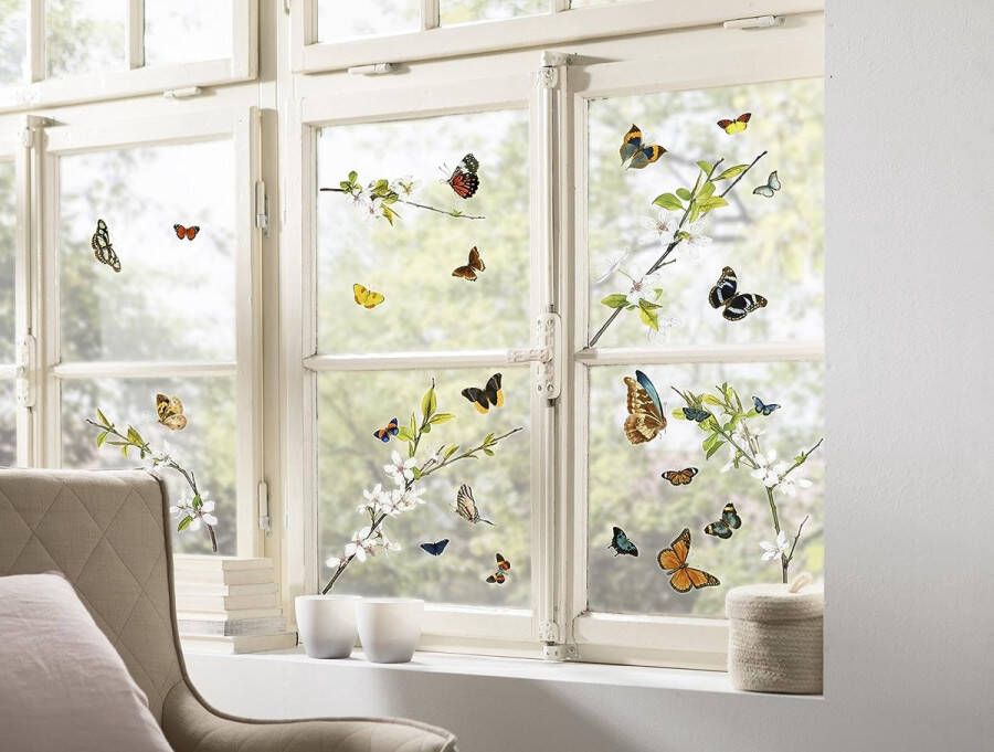 Windowsticker CHEERFUL 31 x 31cm raamdecoratie raamsticker raamfolie vlinders bloemen takken 16006