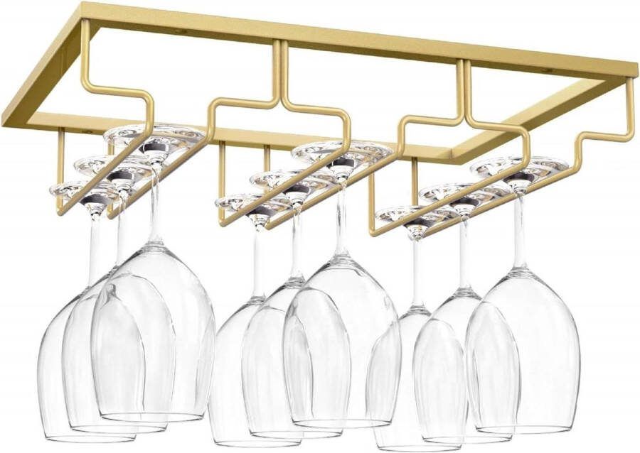 Wine Glass Hanger Rack Under Cabinet Stemware Holder Storage Hanger for Bar Kitchen Cabinet (3 Rows) Gold Nuovoware Wine Rack