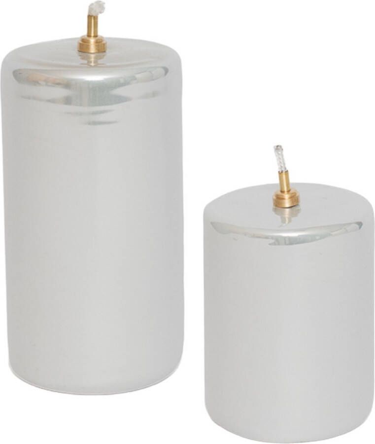 WinQ! Olielamp cilinder 7 5x10cm en 7 5x13 5cm glas Zilver glanzend set à 2stuks Ideale vervanging voor kaarsen incl. lont en trechter