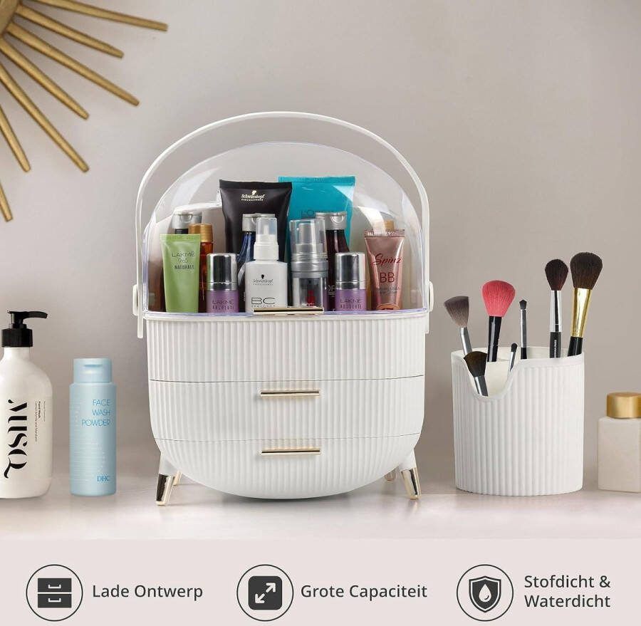 Winter Shore Make-up Opslag Organisator Witte Kwasten Pot 3-Laags Lade Doos Roterend Handvat Doorzichtig Deksel Waterdicht Stofdicht Cosmetisch Skincare Display Kast voor Reizen