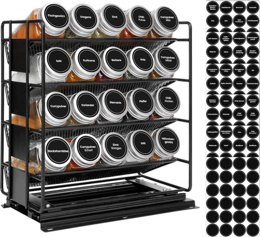 Winter Shore Spice Jars with Labels & Cabinet Spice Rack [20 Pack] Glass Spice Jars Set with Lid Strainer Spice Shaker Sticker & Extendable Kitchen Organiser BPA Free
