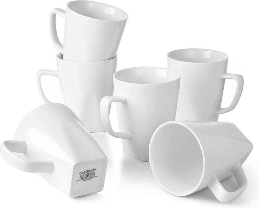 WishDeco White Porcelain Coffee Mugs 400ml Set of 6 Office Restaurant Coffee Cups Square Bottom Tea Milk Household Hot Drinks koffiekopjes set van 6