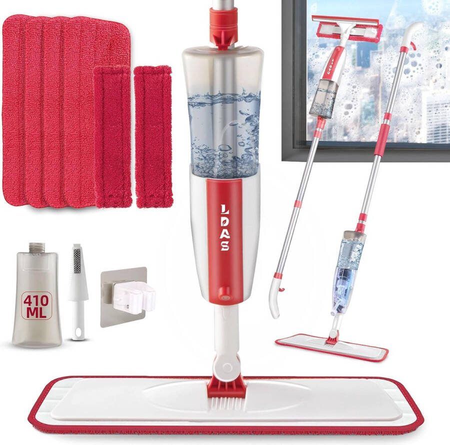 Wisser met sproeifunctie voor vloerreiniging spraymop vloermop met 4 wasbare microvezelpads en raamschraper 360 graden draaibaar 410ML watertank dweil voor vloer en raam