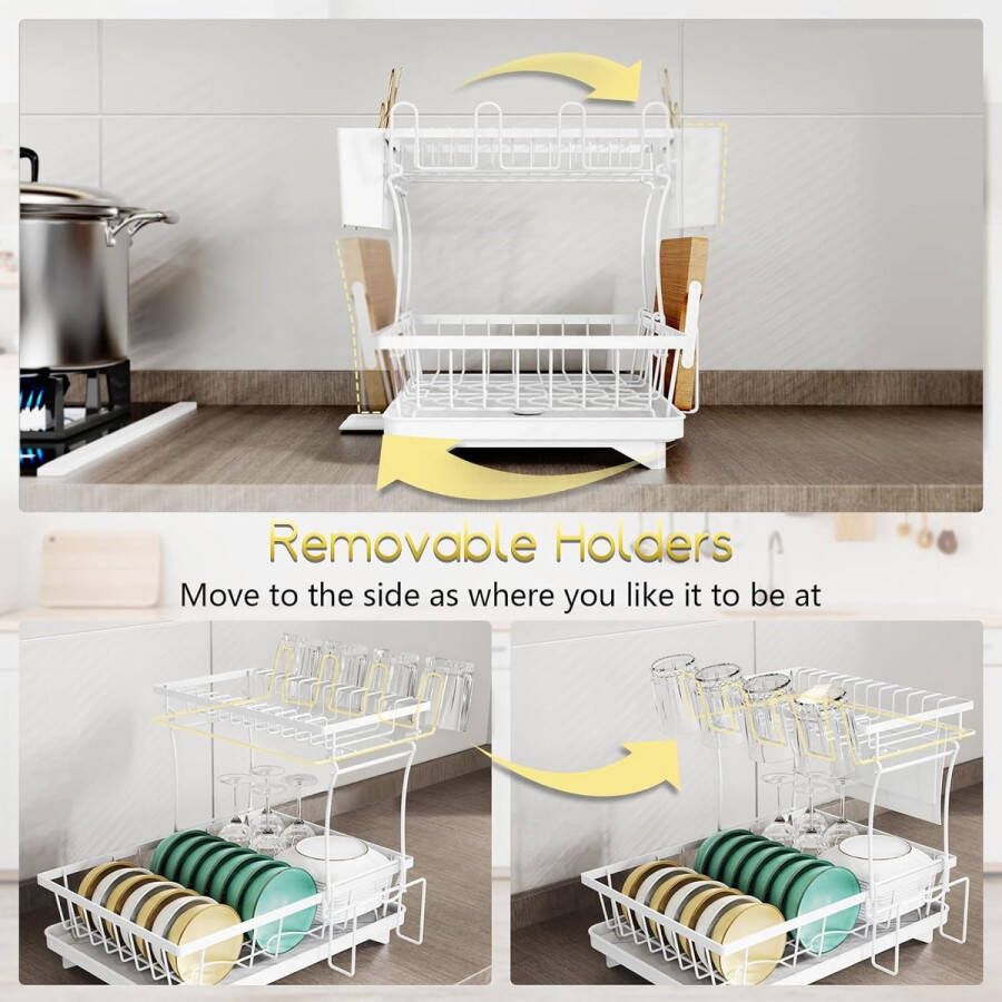 Wit Afdruiprek met Afvoerbak Dish Drying Rack voor Servies Klein Afdruiprekken voor 2-3 Mensen 2 Laags Keukengereihouder & Bekerhouder