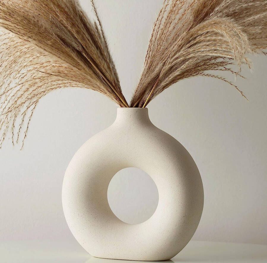 Wit Donut Vase Keramische Vaas Voor Pampasgras Woonkamer accessoires Decoratie Droogbloemen Vaas Boho Vaas Decoratieve Kamer Decor Aesthetic Room Decor Bruiloft decoratie Slaapkamer