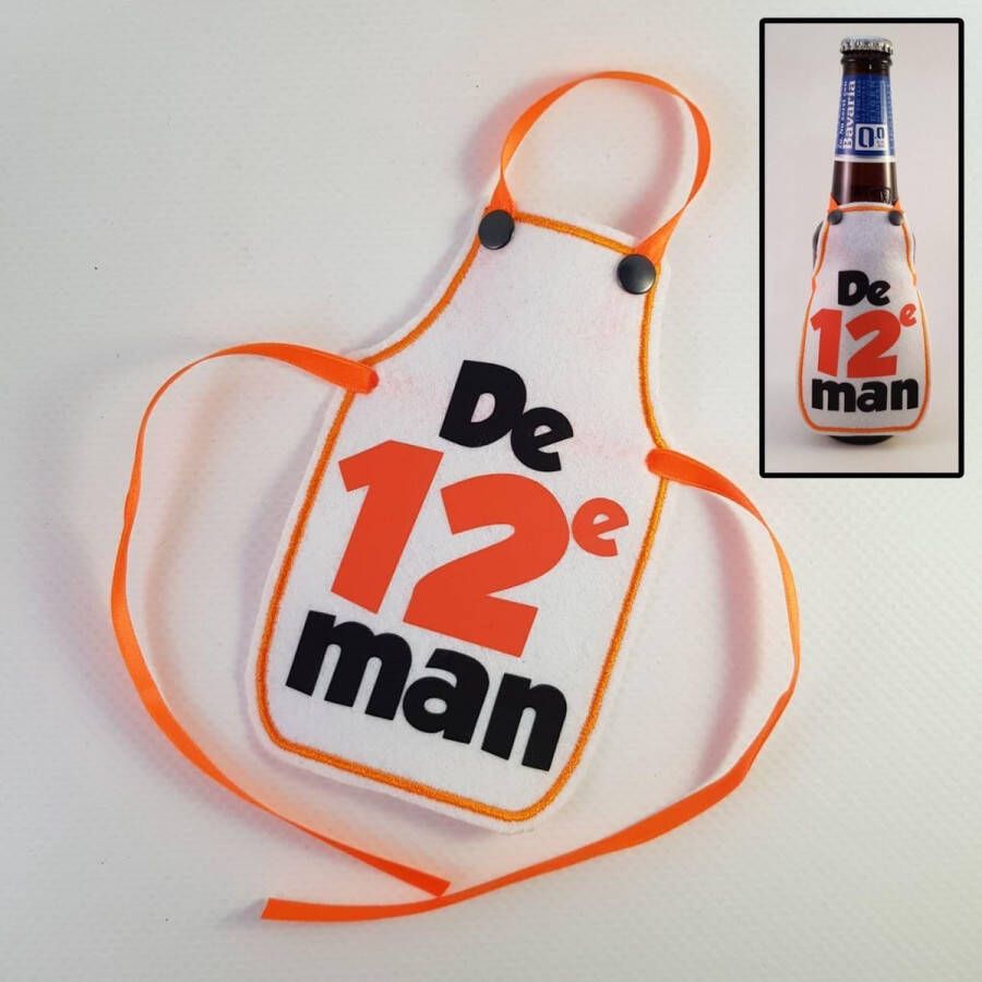 Wit schortje voor bierfles met De 12e man biertje cadeautje pilsje voetbal EK WK oranje