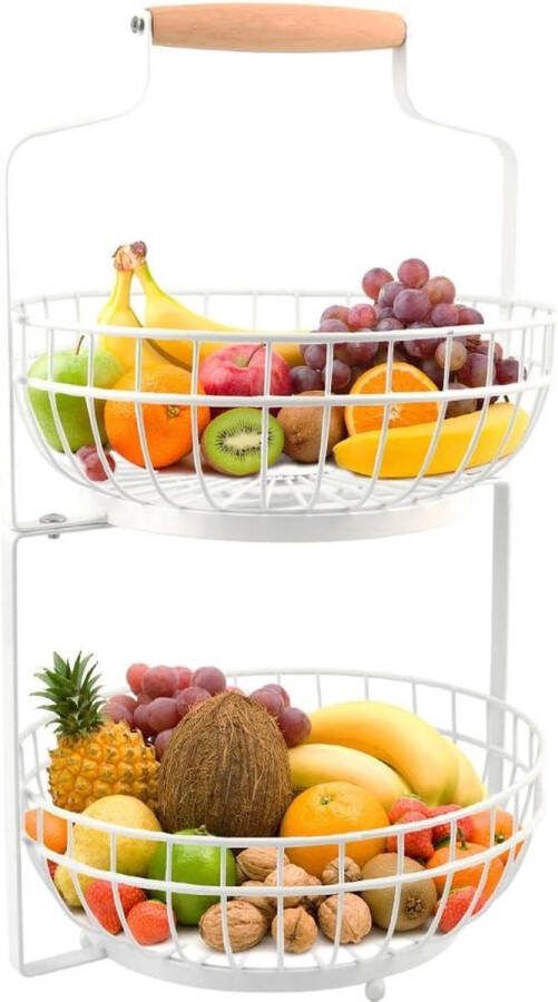 Witte fruitschaal etagère met houten handvat 2 verdiepingen voor fruit en groenten huis keuken kantoor