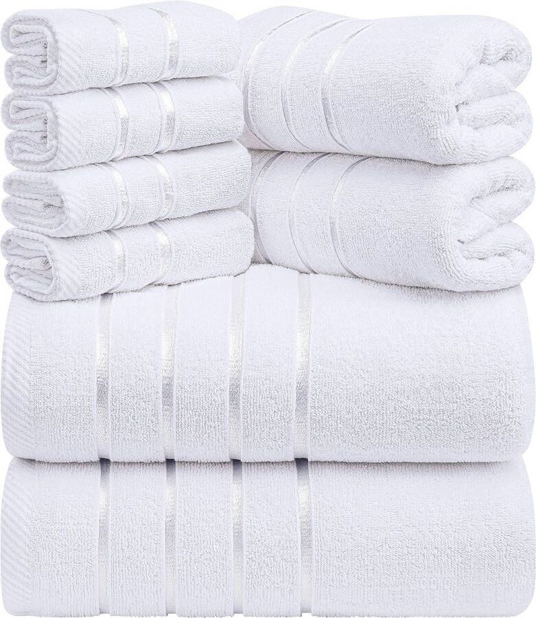 Witte handdoekenset 8 Stukje Viscose Streep Handdoeken Ring Gesponnen Katoen Sterk absorberende Handdoeken (Pakket van 8)