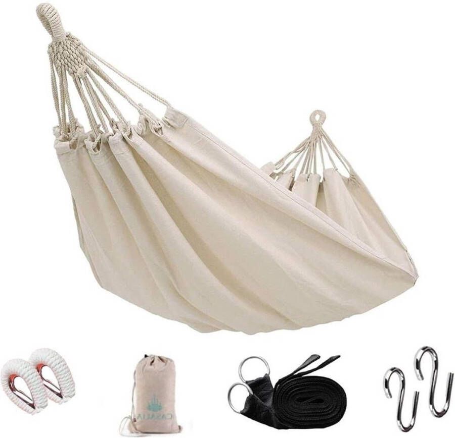 Witte hangmat van premium katoen voor outdoor binnen tuin hangmat set camping en tas