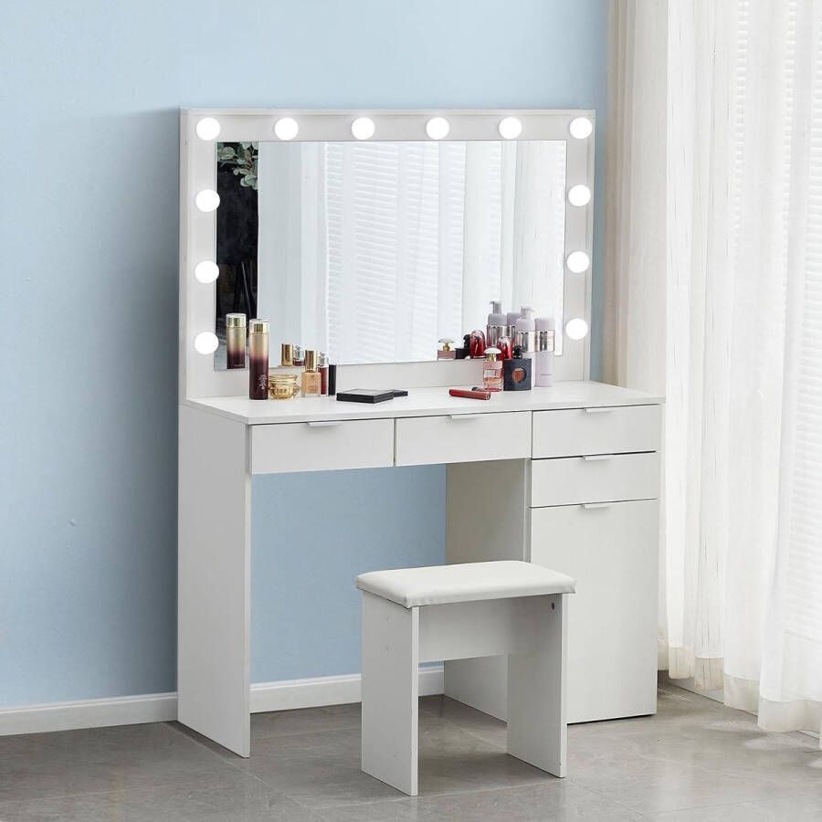 Witte kaptafel set met Hollywood-stijl spiegel ijdelheid make-up tafel w 4 laden 1 gesloten opslag en gewatteerde kruk slaapkamer make-up bureau