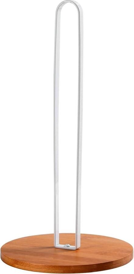 Witte keukenrolhouder staand roestvrij staal met ronde antislip houten voet keuken- en eettafel werkblad papierrolhouder voor alle standaard keukenrollen