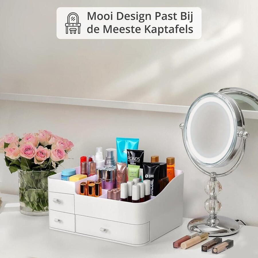 Witte Make-up Organizer Winter Shore Grote Display Case voor Cosmetische en Nagellak Huidverzorging Meerdere Compartimenten en 3 Lades Lippenstift Oogschaduw Kwasten Parfum