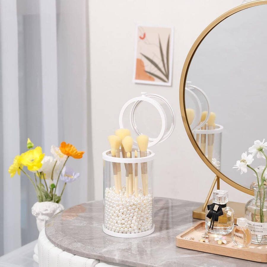 Witte make-upkwastenhouder vintage ronde glazen cosmeticakwastenorganizer met stofdicht deksel grote opbergdoos voor badkamer werkblad bureau (inclusief kralen)