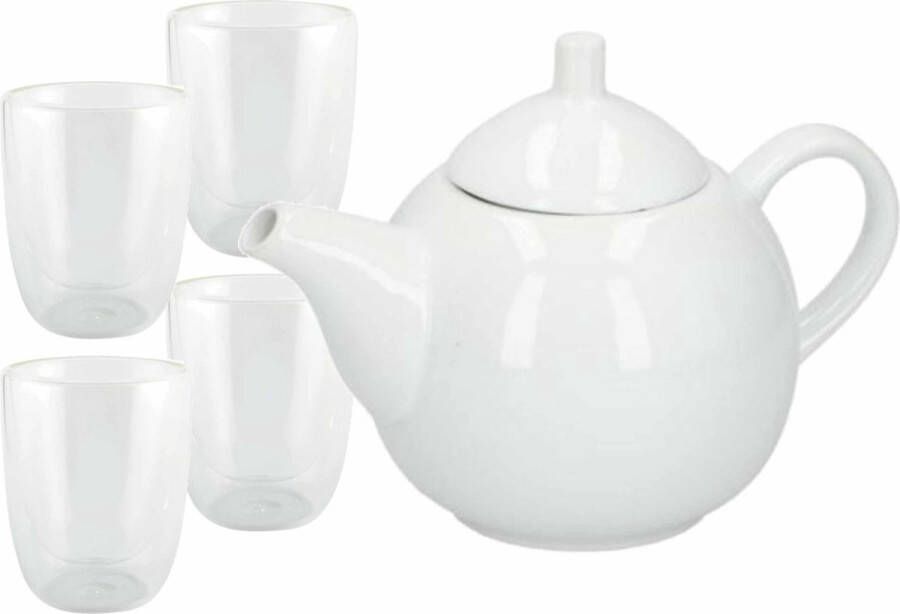 Merkloos Witte theepot keramiek van 1 liter met 4x stuks dubbelwandige theeglazen van 300 ml Koffie- en theeglazen