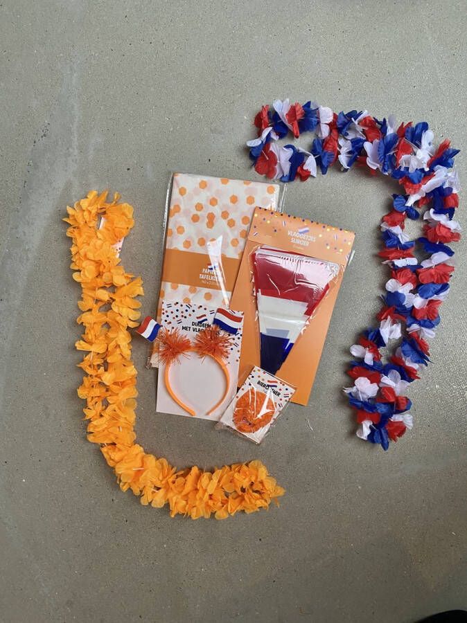 WK Pakket EK Pakket Oranje Pakket Koningsdagpakket Oranje producten Oranje versiering WK versiering EK versiering Koningsdagversiering oranje diadeem oranje vlaggetjes oranje bieropener leeuw oranje flesopener krans oranje