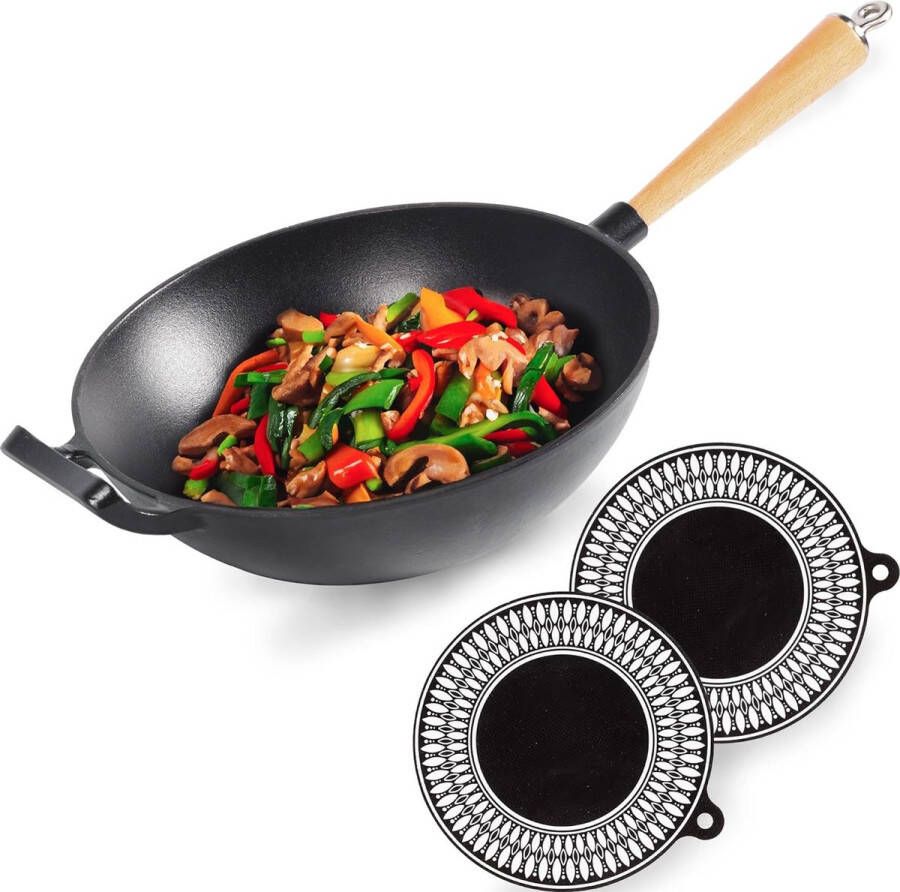 Wok gietijzer met emaille coating gietijzeren pan inductie met afschroefbaar houten handvat wokpan gietijzer grillpan inductie 28 cm diameter